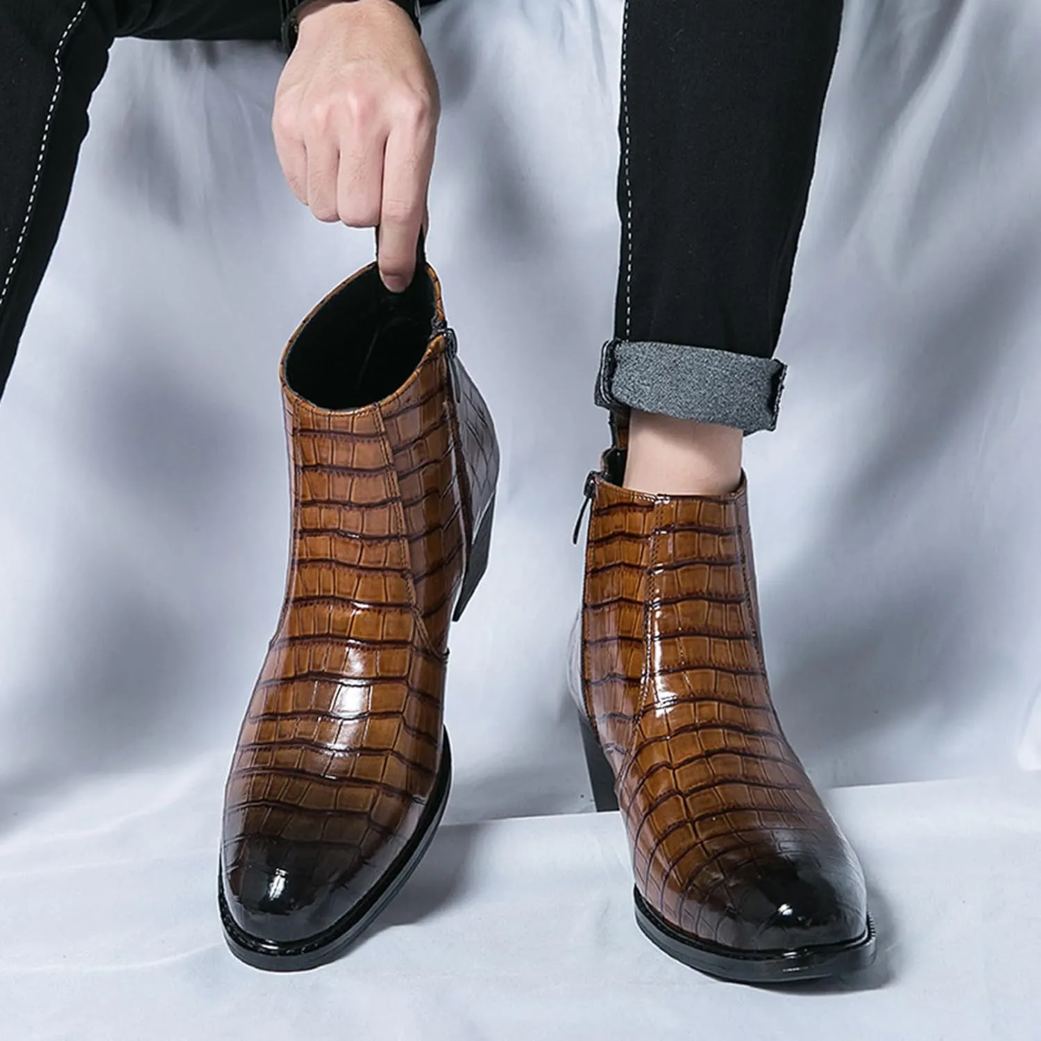Men's Pattern Leather Chunky Heel Dress Chelsea Boots Fashion Classic Cap Toe Side Zipper Block High Heels High Top Formal Oxford Shoes Casual Business Chukka Ankle Boots