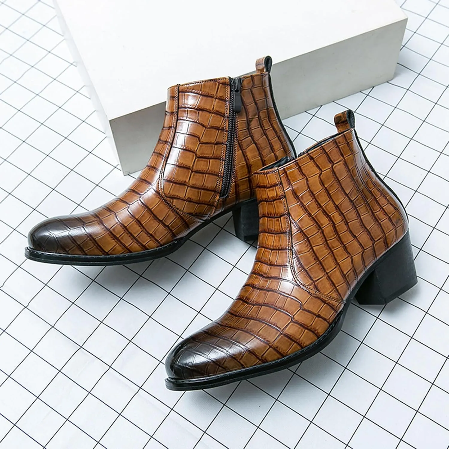 Men's Pattern Leather Chunky Heel Dress Chelsea Boots Fashion Classic Cap Toe Side Zipper Block High Heels High Top Formal Oxford Shoes Casual Business Chukka Ankle Boots
