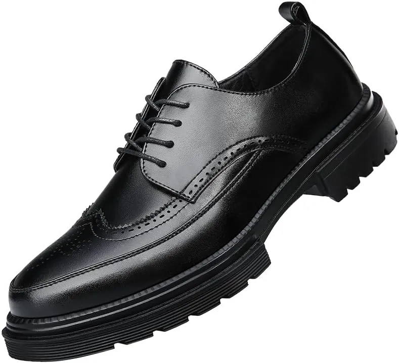 Men's Platform Dress Shoes Vintage Leather Brogue Wingtip Oxfords Classic Lace-up Lug Sole Casual Derby Shoes