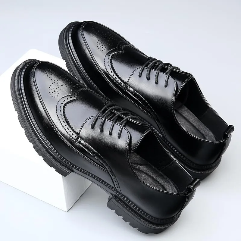 Men's Platform Dress Shoes Vintage Leather Brogue Wingtip Oxfords Classic Lace-up Lug Sole Casual Derby Shoes