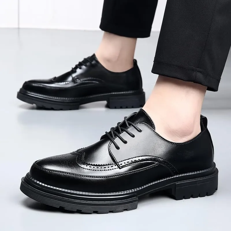 Men's Platform Dress Shoes Vintage Leather Brogue Wingtip Oxfords Classic Lace-up Lug Sole Casual Derby Shoes