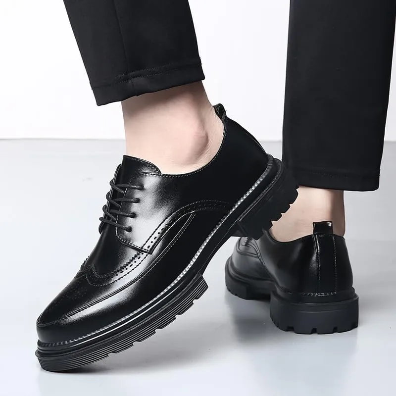 Men's Platform Dress Shoes Vintage Leather Brogue Wingtip Oxfords Classic Lace-up Lug Sole Casual Derby Shoes