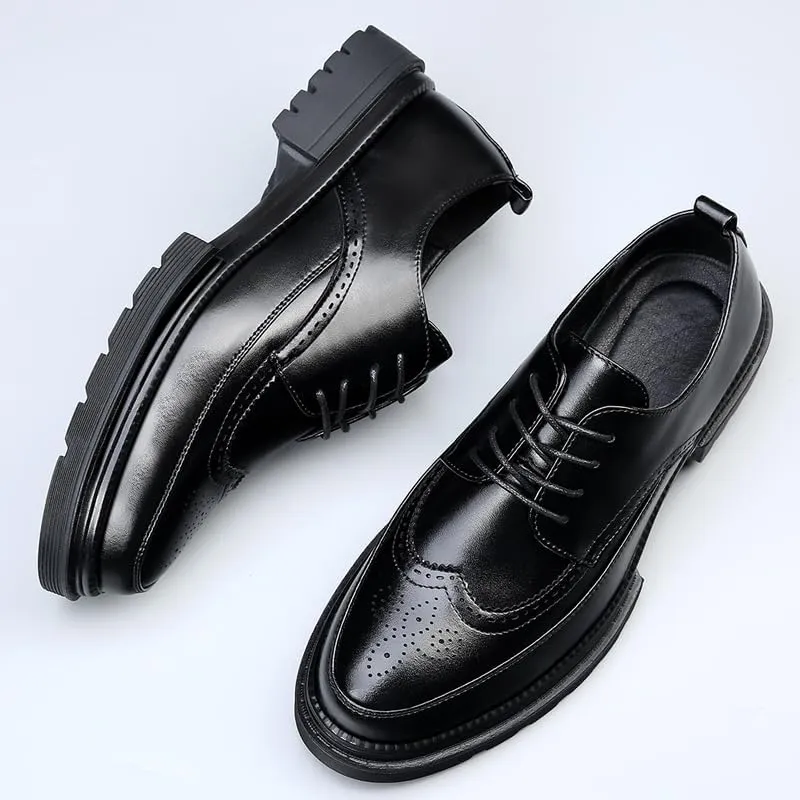 Men's Platform Dress Shoes Vintage Leather Brogue Wingtip Oxfords Classic Lace-up Lug Sole Casual Derby Shoes