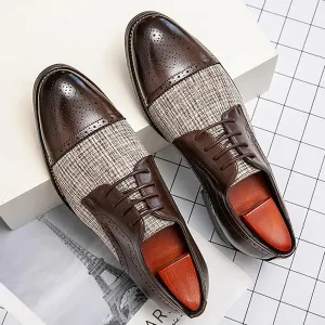 Men's Two Tone Patchwork Brogue Oxfords Shoes,Fashion Classic Round-Toe Lace Up Low Top Leather Dress Shoes,Comfort Hand Stitched Business Formal Derby Shoes