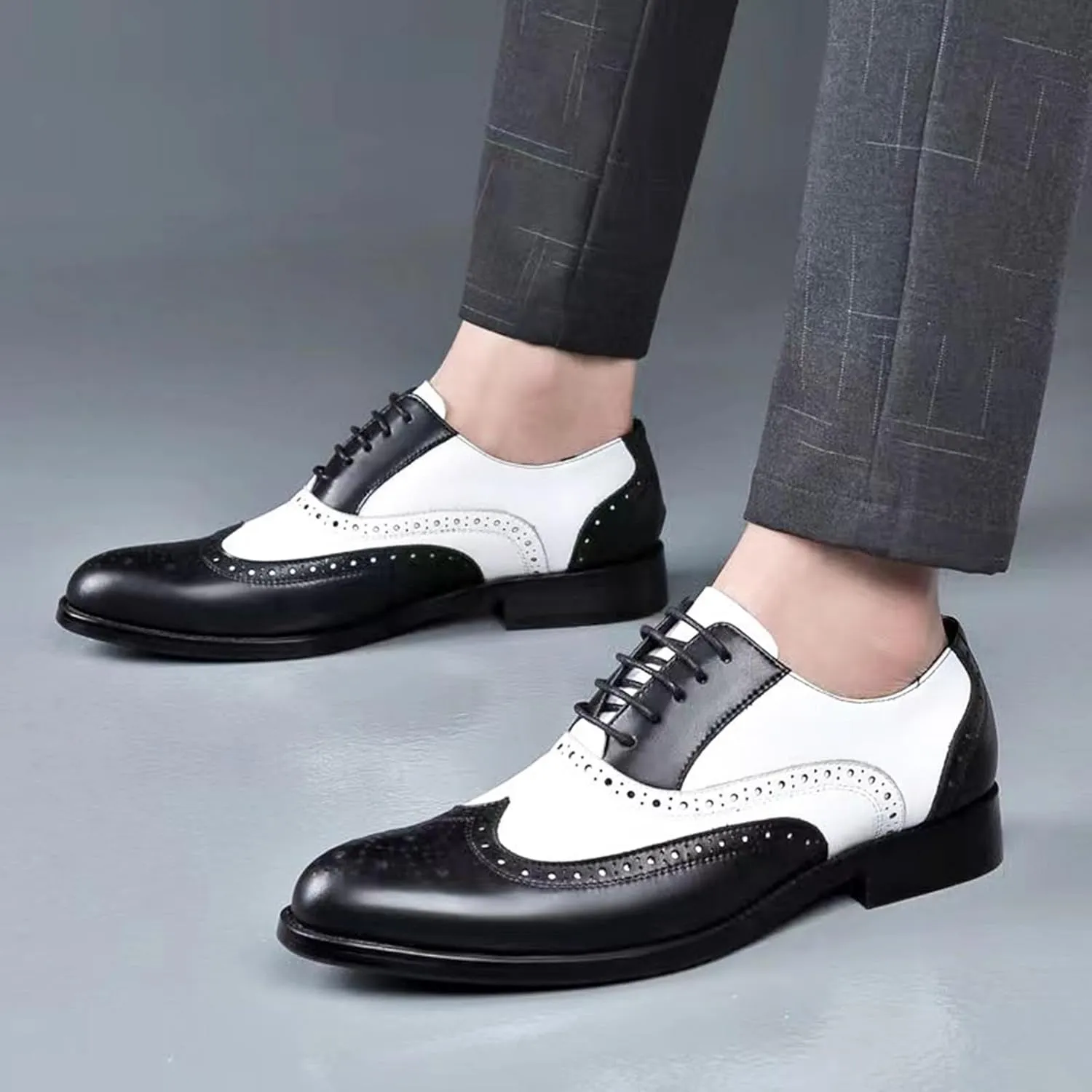 Men's Wingtip Patchwork Two Tone Brogue Oxfords Shoes Fashion Hand Stitched Round-Toe Lace up Low Top Leather Dress Shoes Comfortable Casual Business Formal Derby Shoes