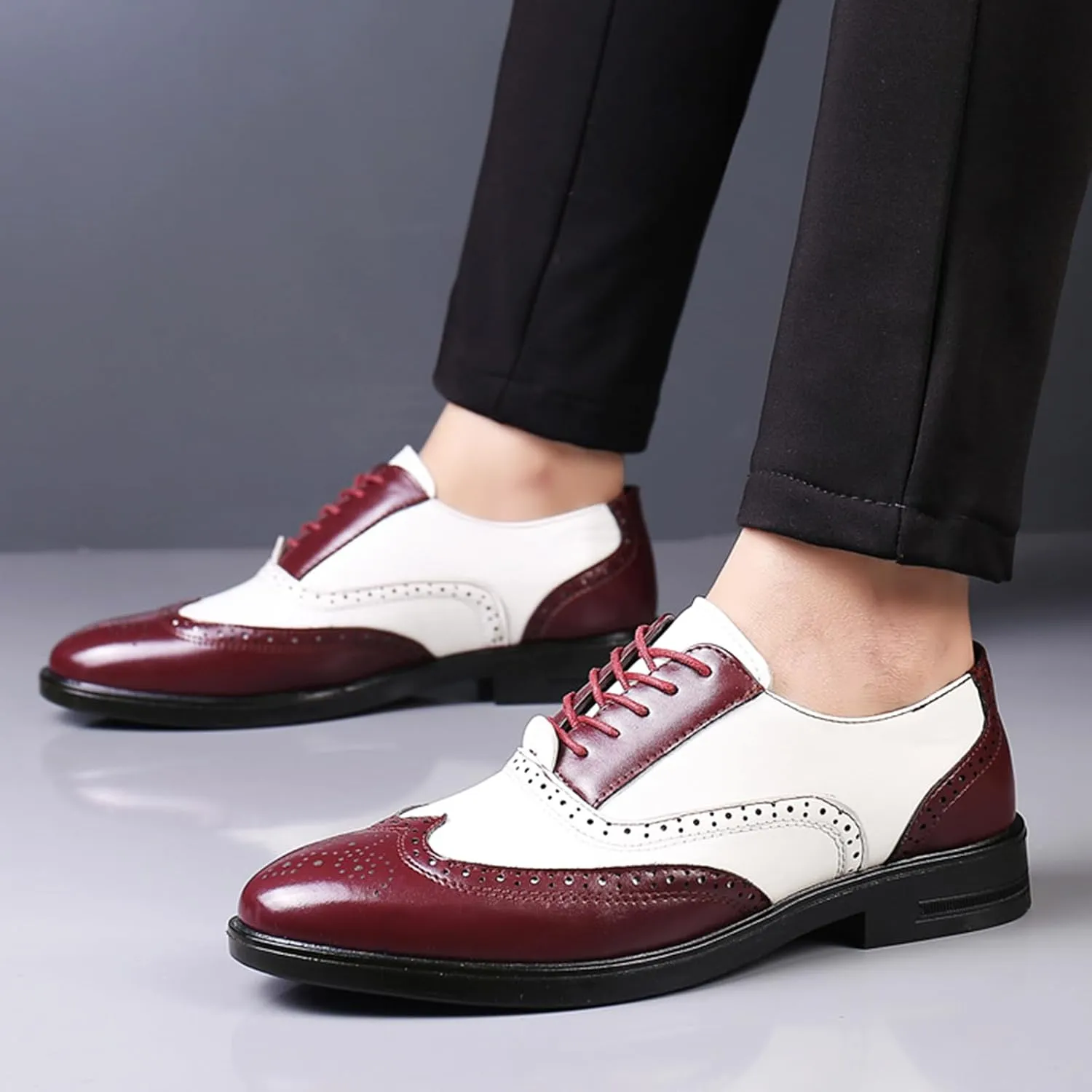 Men's Wingtip Patchwork Two Tone Brogue Oxfords Shoes Fashion Hand Stitched Round-Toe Lace up Low Top Leather Dress Shoes Comfortable Casual Business Formal Derby Shoes