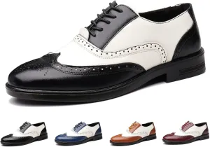Men's Wingtip Patchwork Two Tone Brogue Oxfords Shoes Fashion Hand Stitched Round-Toe Lace up Low Top Leather Dress Shoes Comfortable Casual Business Formal Derby Shoes