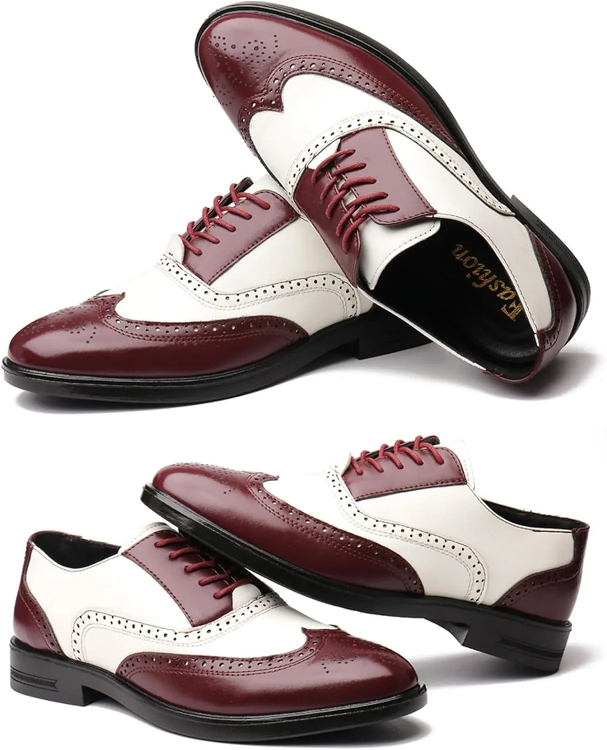 Men's Wingtip Patchwork Two Tone Brogue Oxfords Shoes Fashion Hand Stitched Round-Toe Lace up Low Top Leather Dress Shoes Comfortable Casual Business Formal Derby Shoes