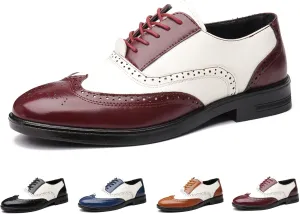 Men's Wingtip Patchwork Two Tone Brogue Oxfords Shoes Fashion Hand Stitched Round-Toe Lace up Low Top Leather Dress Shoes Comfortable Casual Business Formal Derby Shoes