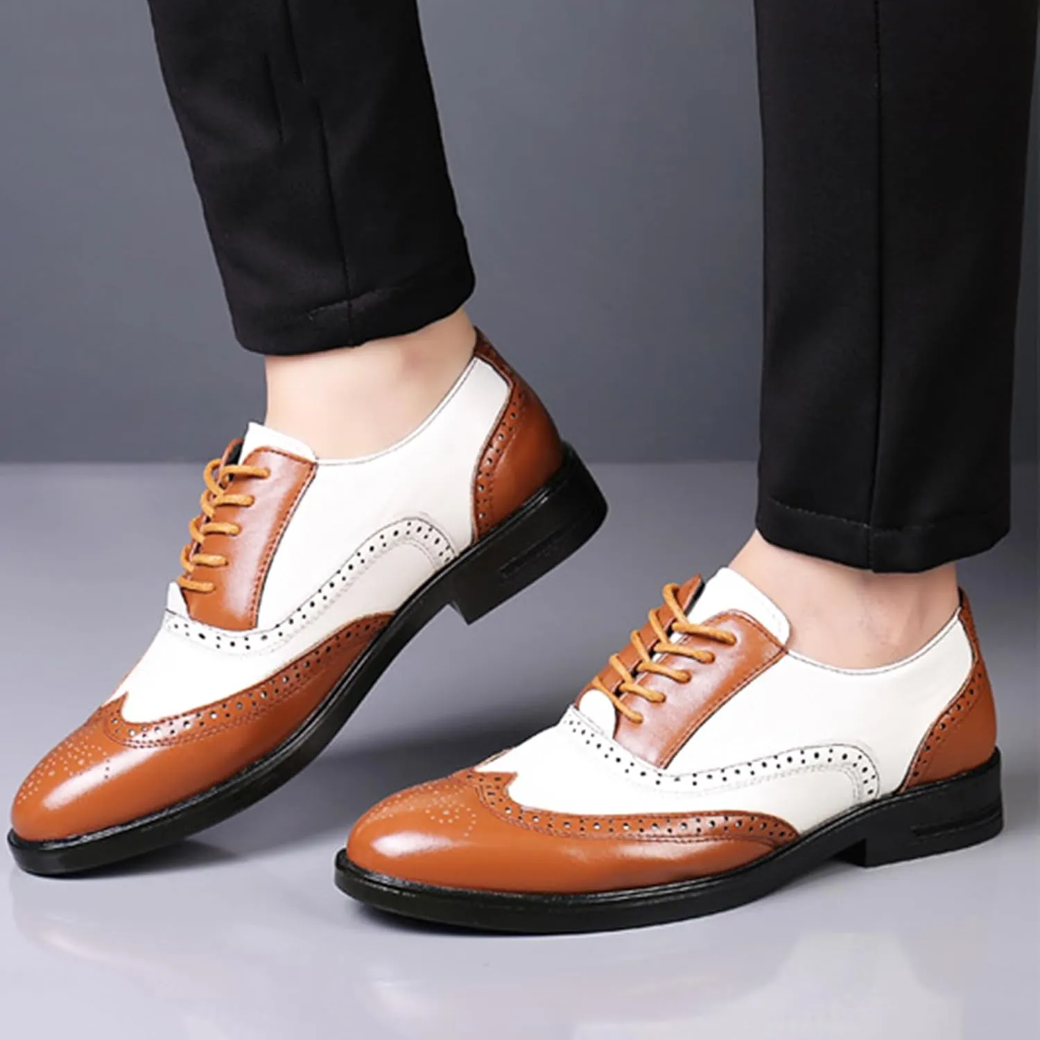 Men's Wingtip Patchwork Two Tone Brogue Oxfords Shoes Fashion Hand Stitched Round-Toe Lace up Low Top Leather Dress Shoes Comfortable Casual Business Formal Derby Shoes