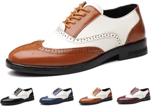 Men's Wingtip Patchwork Two Tone Brogue Oxfords Shoes Fashion Hand Stitched Round-Toe Lace up Low Top Leather Dress Shoes Comfortable Casual Business Formal Derby Shoes