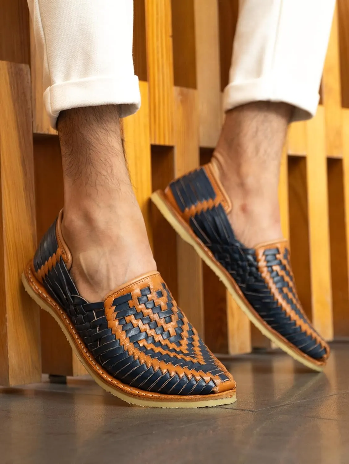 Mexico en la Piel Leather Shoes for Men, Checkered Braided Handmade Loafer Sandals