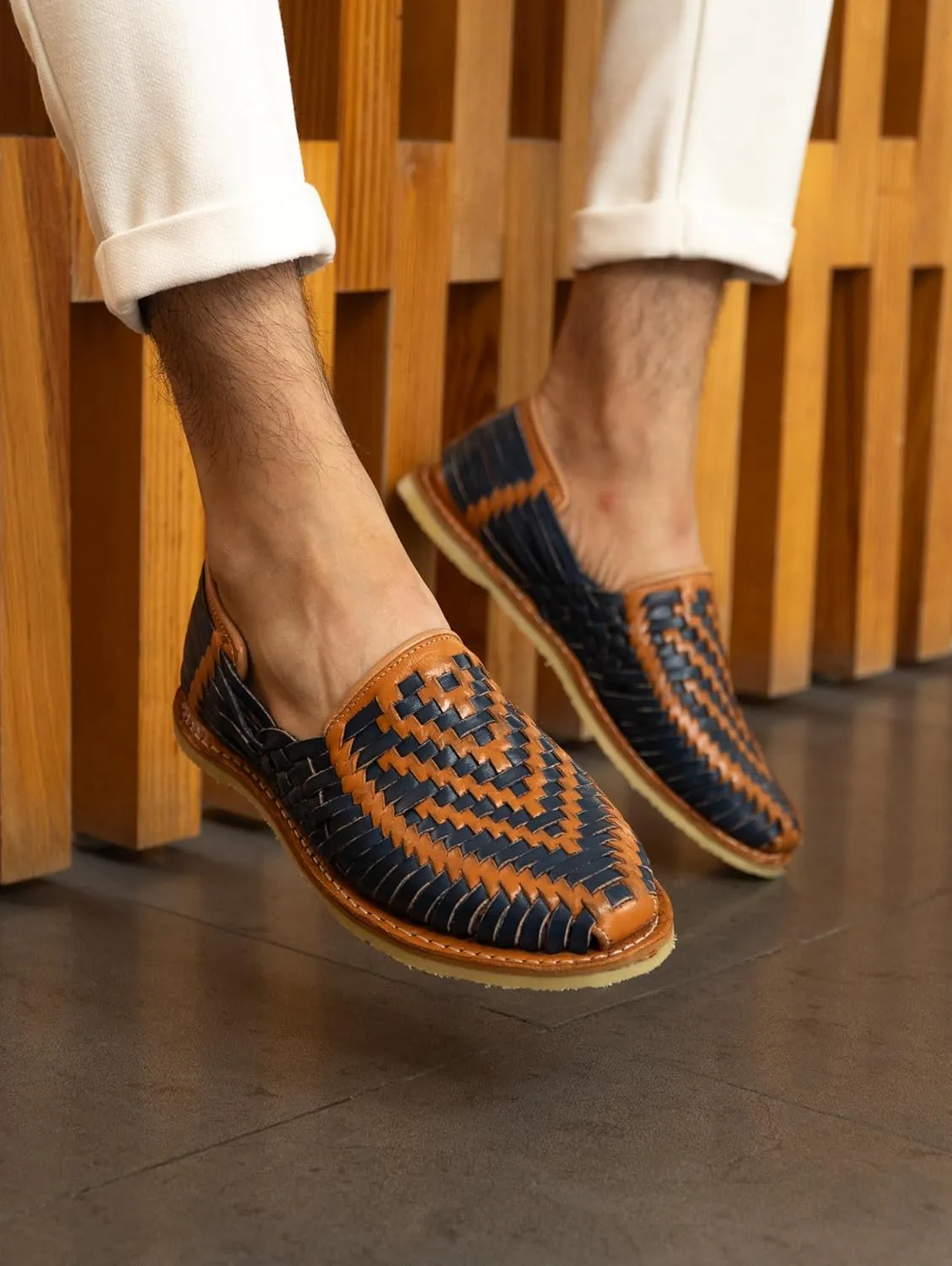 Mexico en la Piel Leather Shoes for Men, Checkered Braided Handmade Loafer Sandals