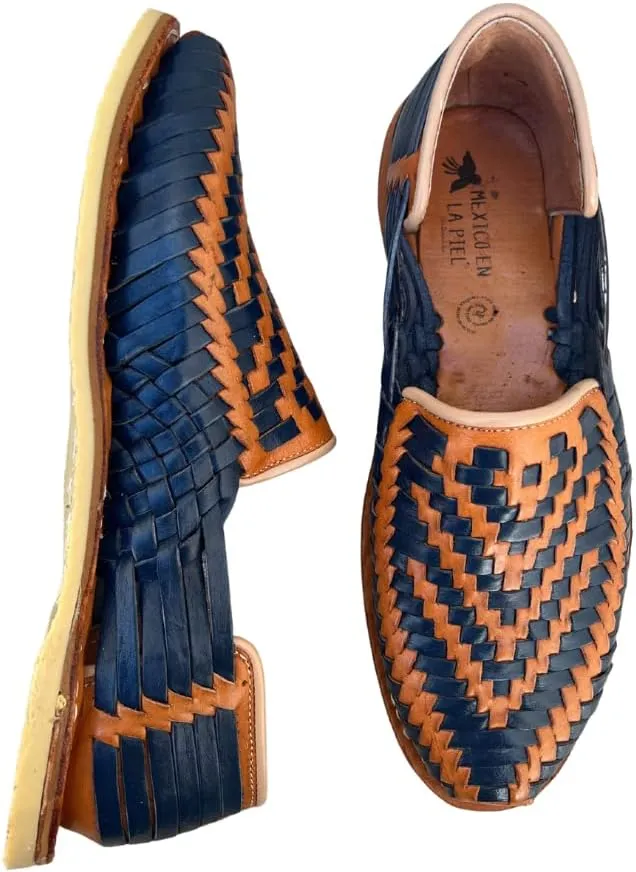 Mexico en la Piel Leather Shoes for Men, Checkered Braided Handmade Loafer Sandals