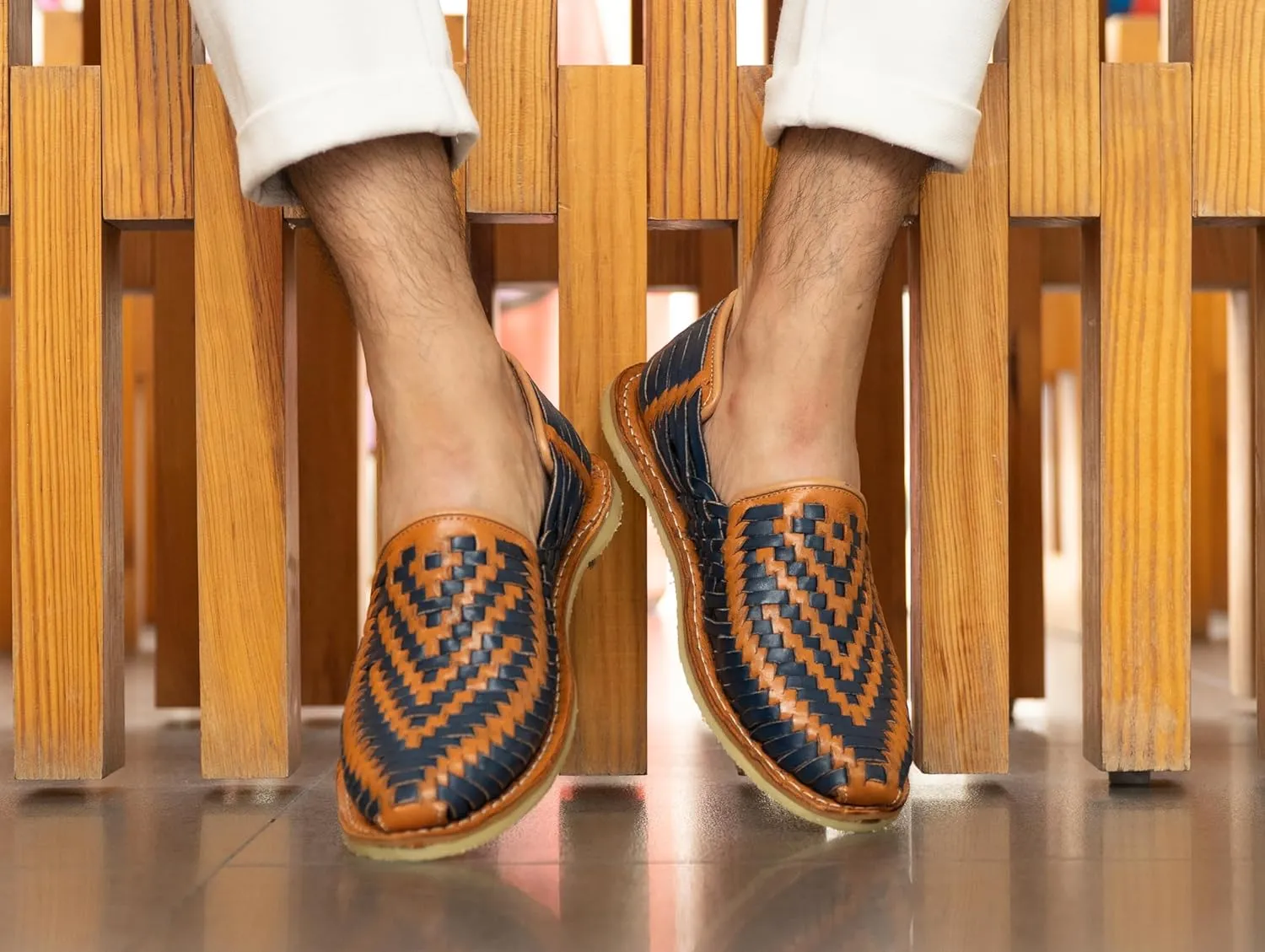 Mexico en la Piel Leather Shoes for Men, Checkered Braided Handmade Loafer Sandals