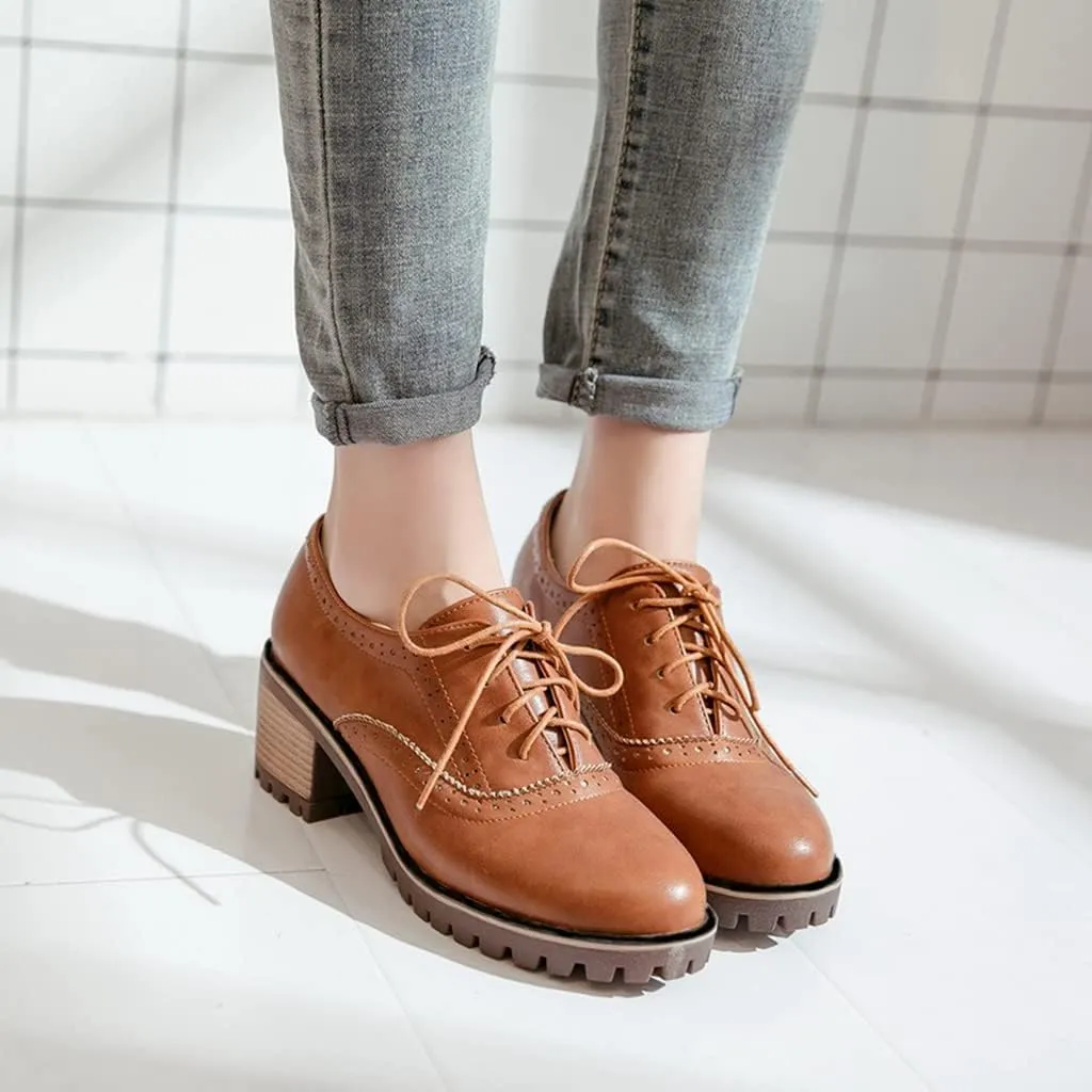 MIOKE Women's Casual Lace Up Pump Oxfords Round Toe Suede Platform Chunky Mid Heel Vintage Dress Shoes