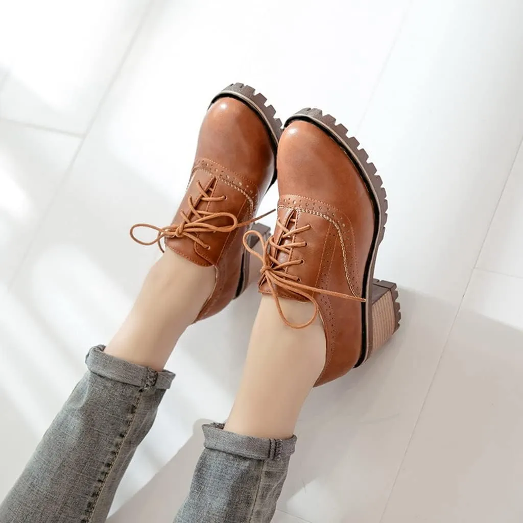 MIOKE Women's Casual Lace Up Pump Oxfords Round Toe Suede Platform Chunky Mid Heel Vintage Dress Shoes