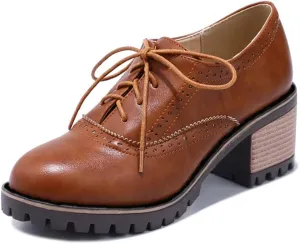 MIOKE Women's Casual Lace Up Pump Oxfords Round Toe Suede Platform Chunky Mid Heel Vintage Dress Shoes