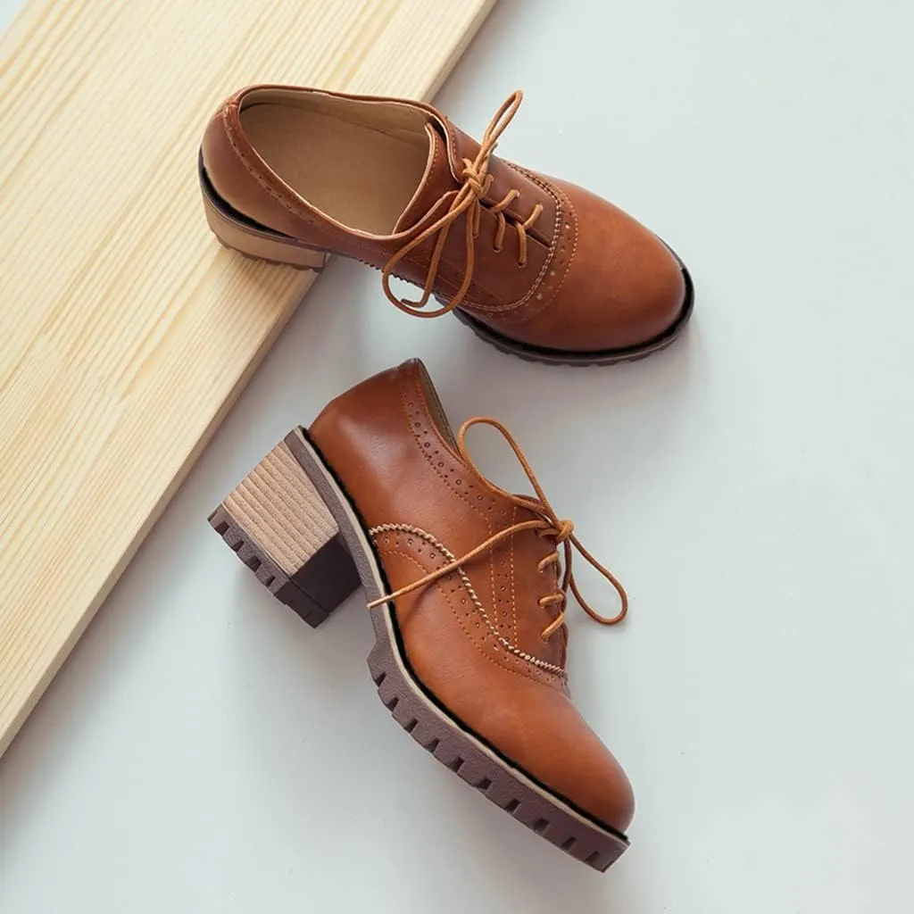 MIOKE Women's Casual Lace Up Pump Oxfords Round Toe Suede Platform Chunky Mid Heel Vintage Dress Shoes