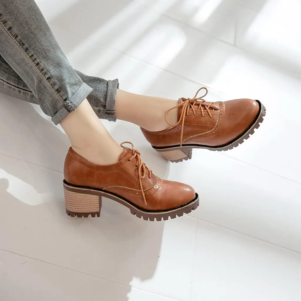 MIOKE Women's Casual Lace Up Pump Oxfords Round Toe Suede Platform Chunky Mid Heel Vintage Dress Shoes
