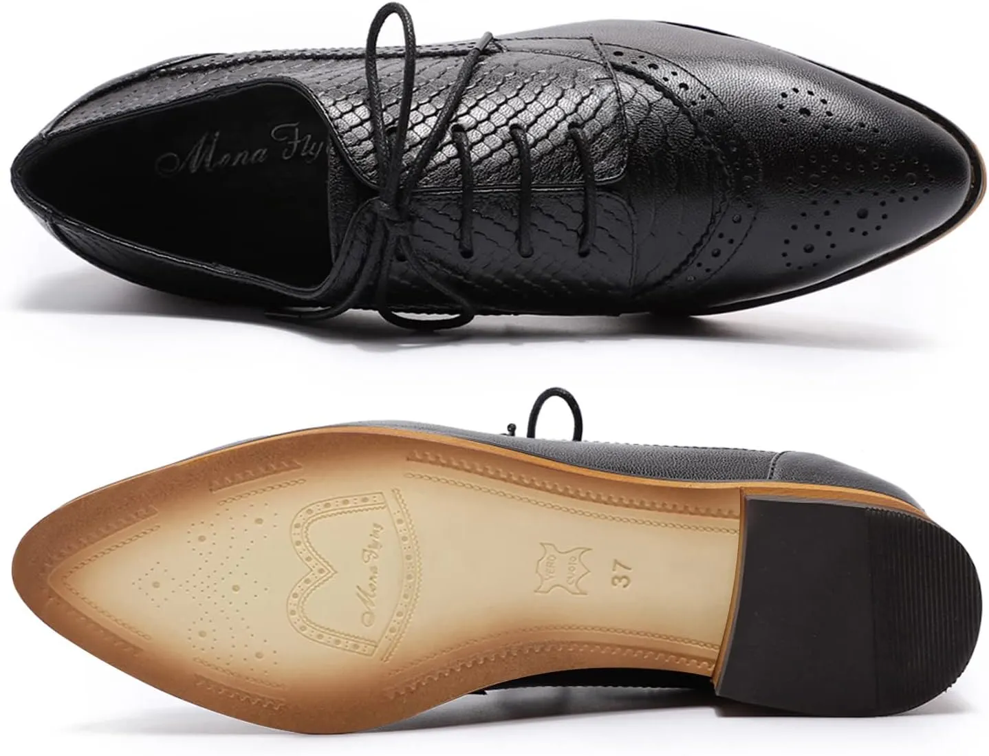 Mona flying Women's Perforated Oxfords Brogue Derby Lace-up Leather Shoes for Ladies