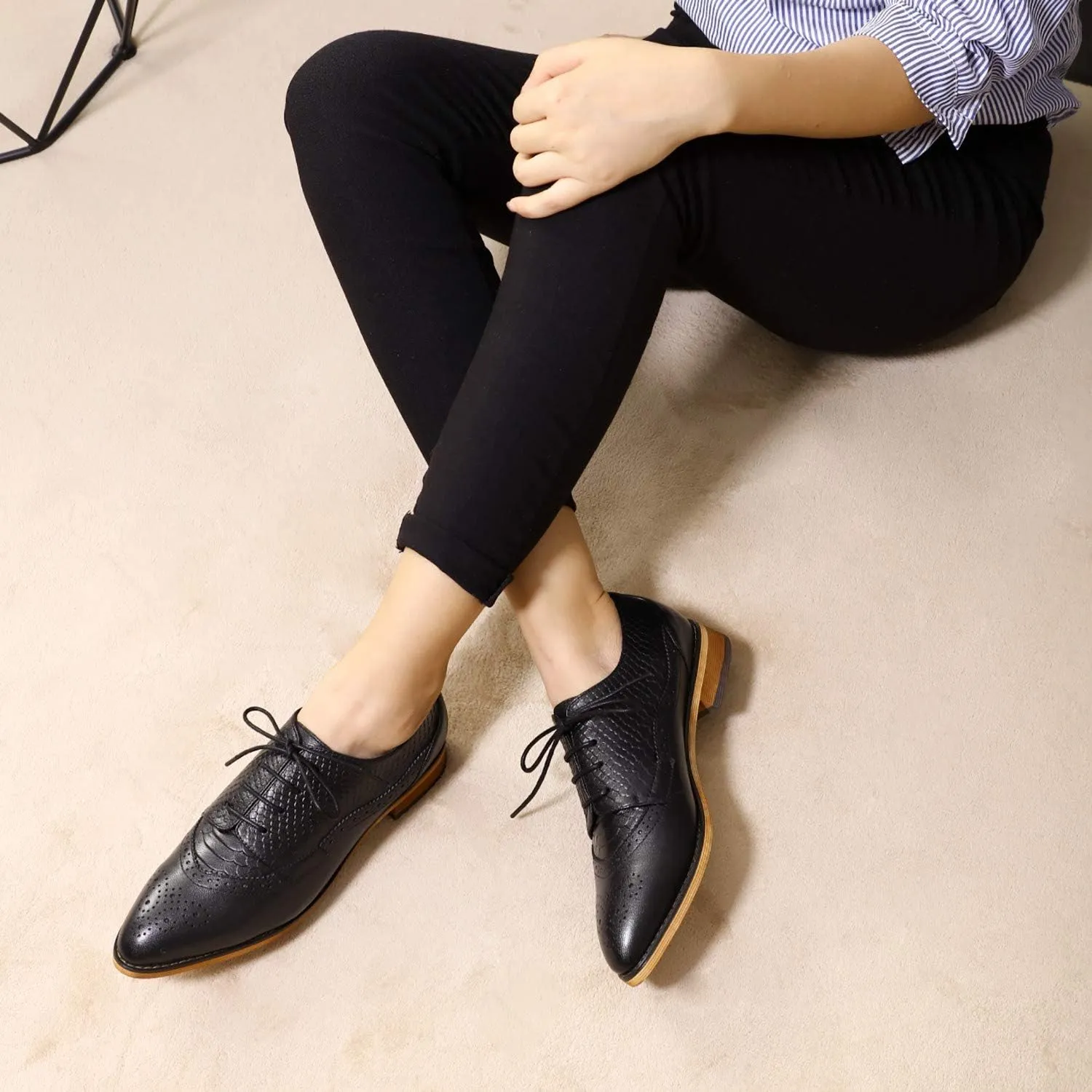 Mona flying Women's Perforated Oxfords Brogue Derby Lace-up Leather Shoes for Ladies