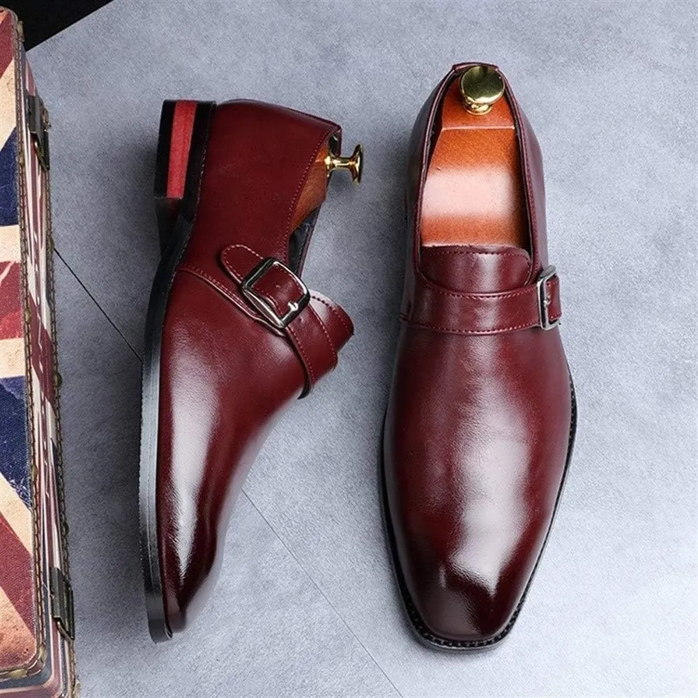 Monk Strap Loafer for Men Square Toe Burnish Slip on Synthetic Leather Low Heel Plain Rubber Sole Formal Men