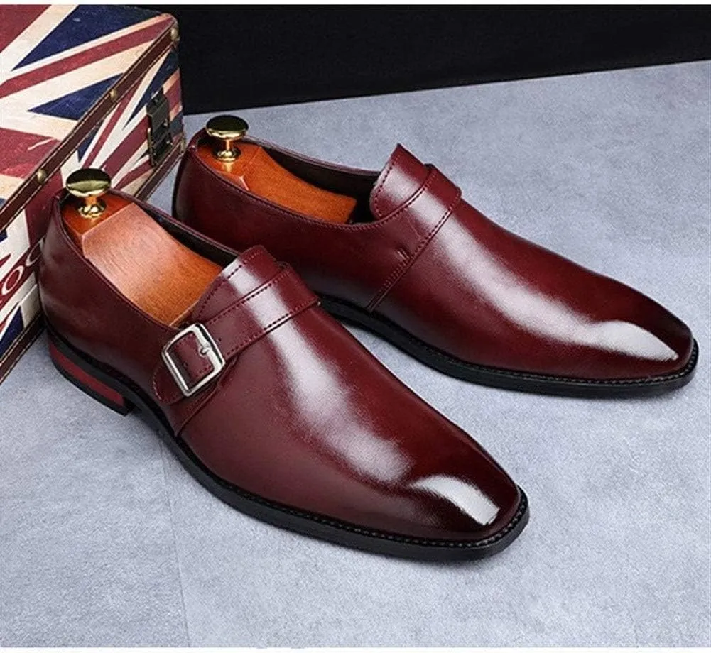 Monk Strap Loafer for Men Square Toe Burnish Slip on Synthetic Leather Low Heel Plain Rubber Sole Formal Men