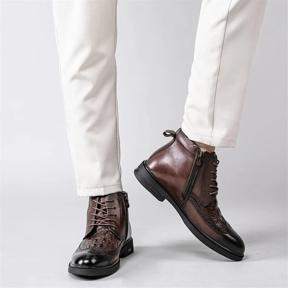New Lace Up Round Toe Boots For Men Derby Burnished Toe Carved Brogue Win Tip Cowhide Leather Anti-slip Slip Resistant Wearable Stylish Classic Fashion