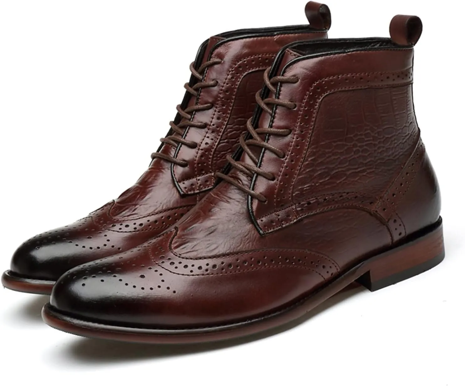 New Men's Ankle Boots Wearable Slip Resistant Derby Burnished Toe Carved Brogue Win Tip Crocodile Print Cowhide Leather Stylish Casual