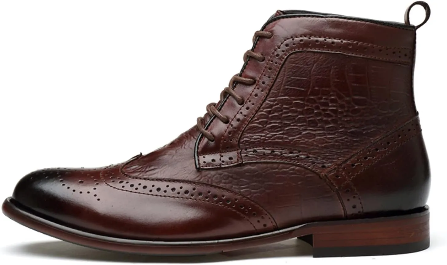 New Men's Ankle Boots Wearable Slip Resistant Derby Burnished Toe Carved Brogue Win Tip Crocodile Print Cowhide Leather Stylish Casual