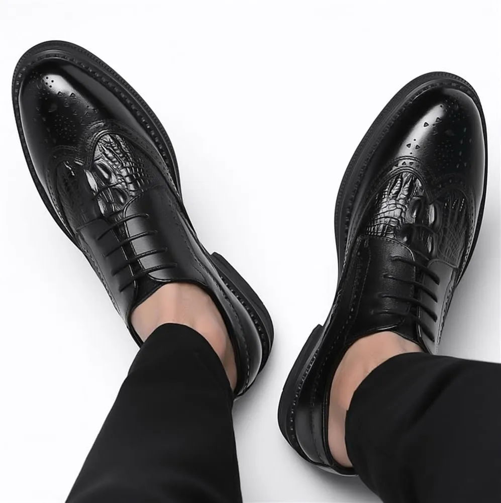 New Oxford Shoes for Men Lace Up Derby Shoes Brogue Embossed Wing tip Crocodile Embossed Leather Non Slip Block Heel Rubber Sole Low Top Party