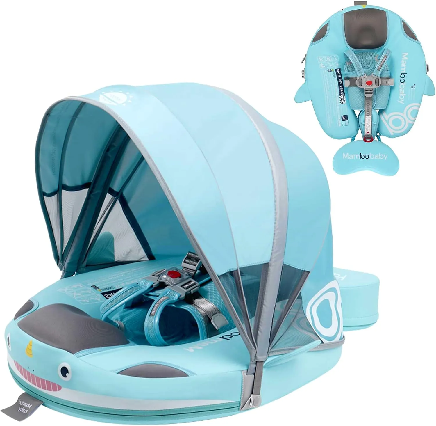Non-Inflatable Mambobaby Float with Canopy, UV-Protective Baby Swimming Float with Safety Buckle, Anti-Flip Tail Swim Trainer Infant Pool Floats (O04NGreen-O04NGCTRURBKMH01O04)