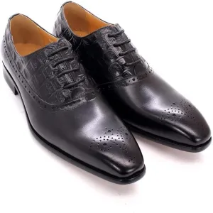 Oxford Dress Shoes for Men Lace Up Brogue Embossed Crocodile Embossed Square Toe Cowhide Low Top Non Slip Anti-Slip Rubber Sole Slip Resistant (Color : Black, Size : 11.5)