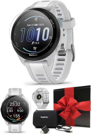 PlayBetter Garmin Forerunner 165 (Mist Gray/Whitestone) Running GPS Smartwatch Gift Box Bundle - AMOLED Touchscreen, 11-Day Battery, Training - Includes HD Screen Protectors, Wall Adapter & Case