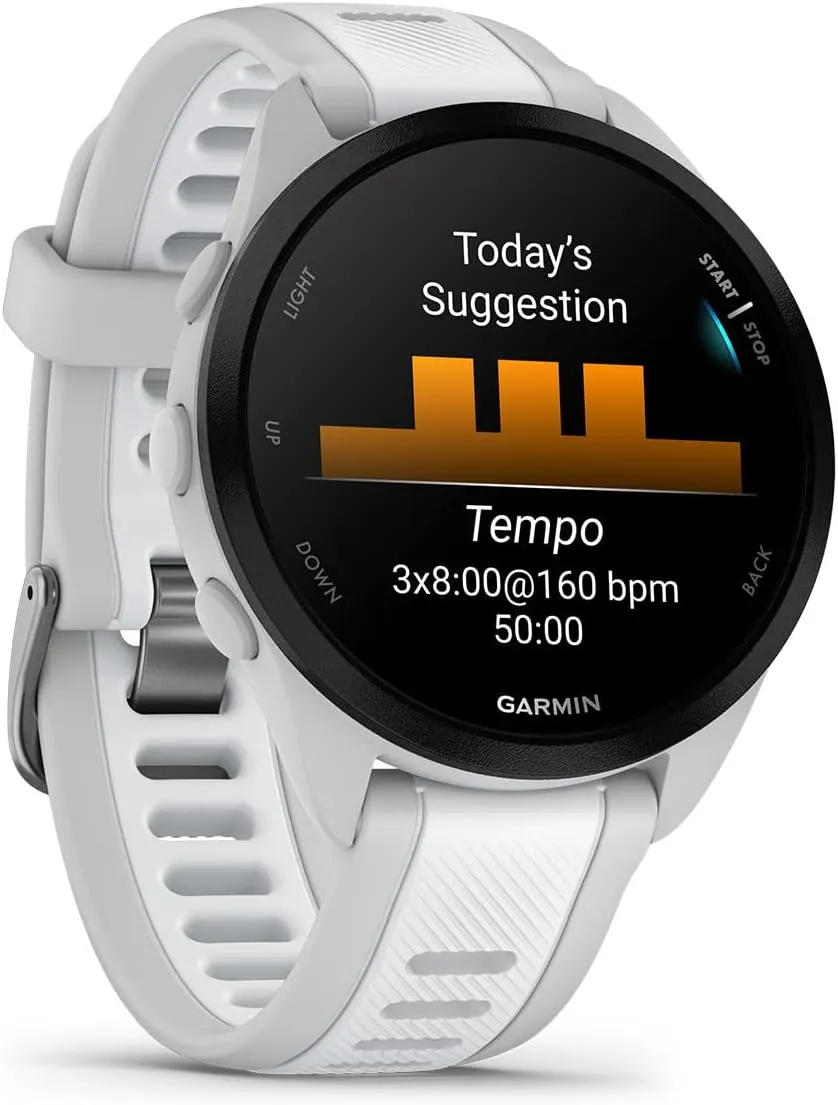 PlayBetter Garmin Forerunner 165 (Mist Gray/Whitestone) Running GPS Smartwatch Gift Box Bundle - AMOLED Touchscreen, 11-Day Battery, Training - Includes HD Screen Protectors, Wall Adapter & Case