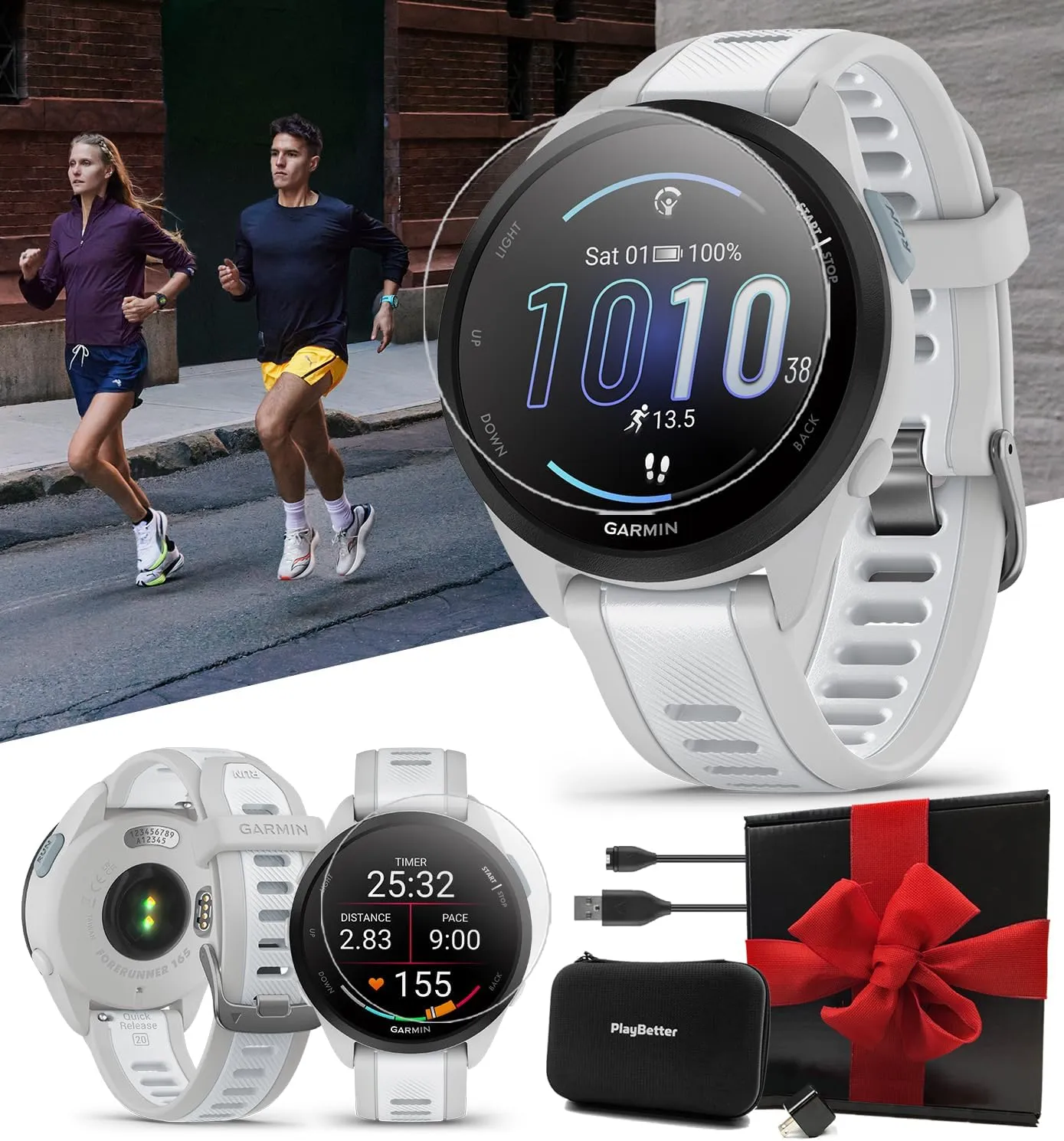 PlayBetter Garmin Forerunner 165 (Mist Gray/Whitestone) Running GPS Smartwatch Gift Box Bundle - AMOLED Touchscreen, 11-Day Battery, Training - Includes HD Screen Protectors, Wall Adapter & Case