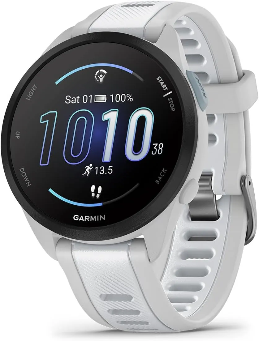 PlayBetter Garmin Forerunner 165 (Mist Gray/Whitestone) Running GPS Smartwatch Gift Box Bundle - AMOLED Touchscreen, 11-Day Battery, Training - Includes HD Screen Protectors, Wall Adapter & Case