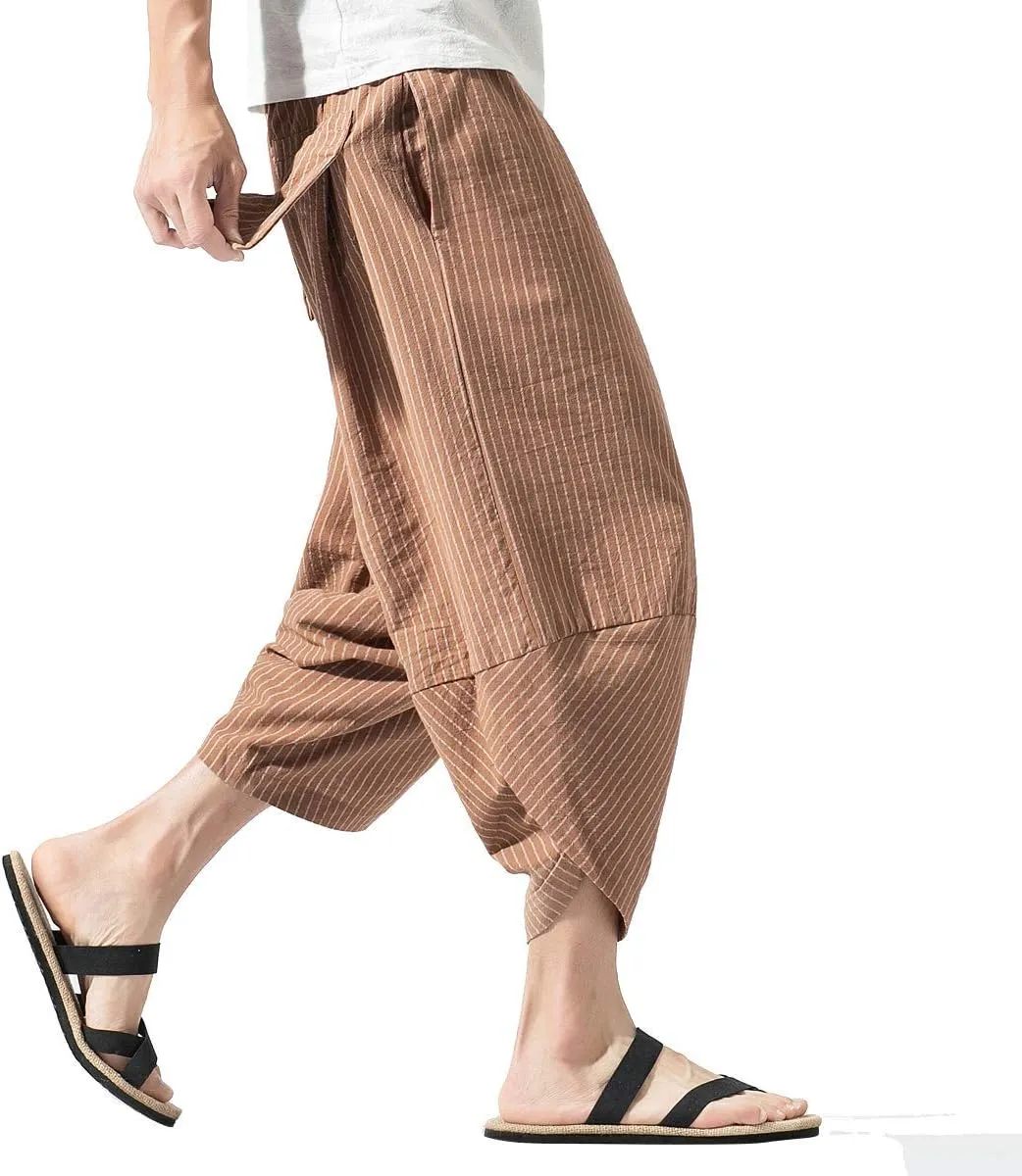 PRIJOUHE Men's Harem Capri Pants, Wide Leg Mens Capris, Summer Linen Pants