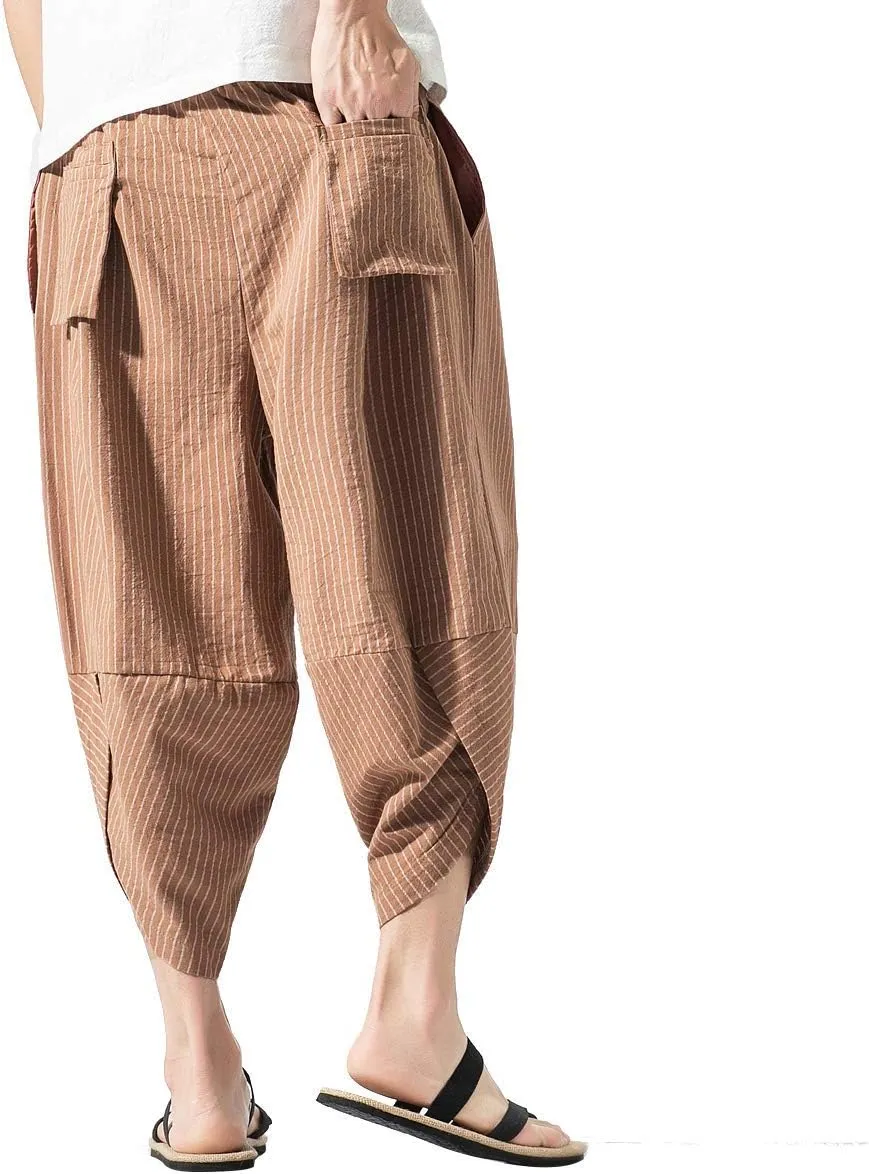 PRIJOUHE Men's Harem Capri Pants, Wide Leg Mens Capris, Summer Linen Pants