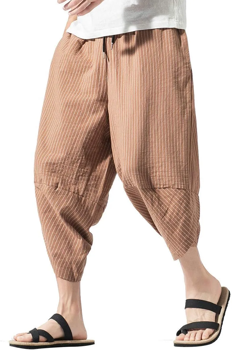 PRIJOUHE Men's Harem Capri Pants, Wide Leg Mens Capris, Summer Linen Pants