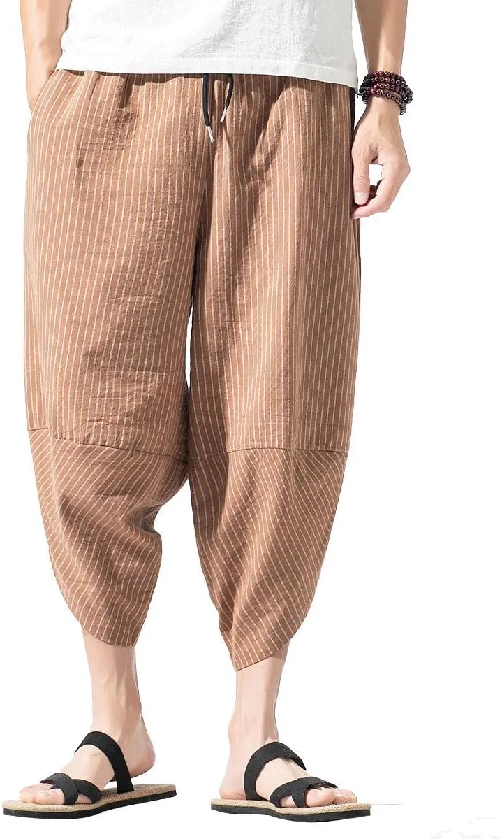 PRIJOUHE Men's Harem Capri Pants, Wide Leg Mens Capris, Summer Linen Pants