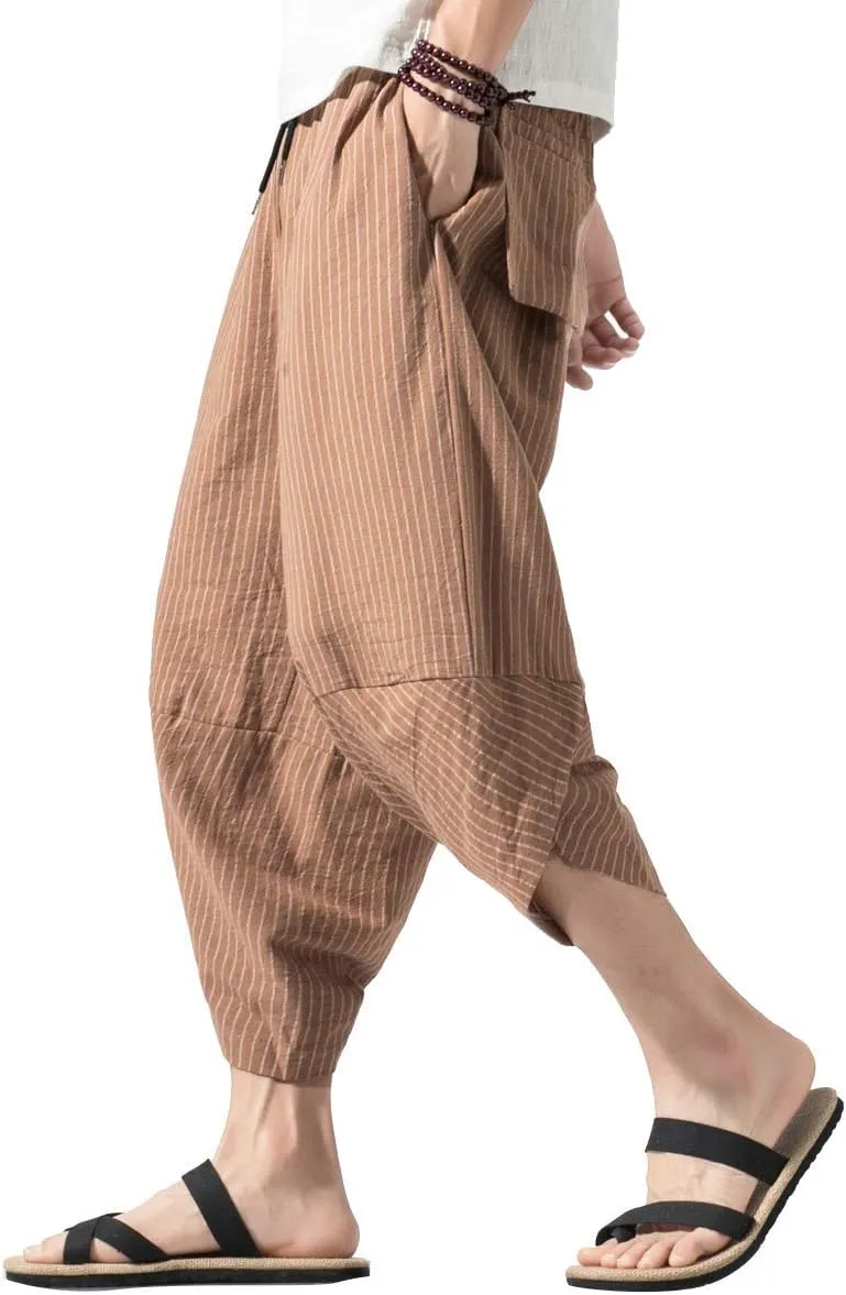 PRIJOUHE Men's Harem Capri Pants, Wide Leg Mens Capris, Summer Linen Pants