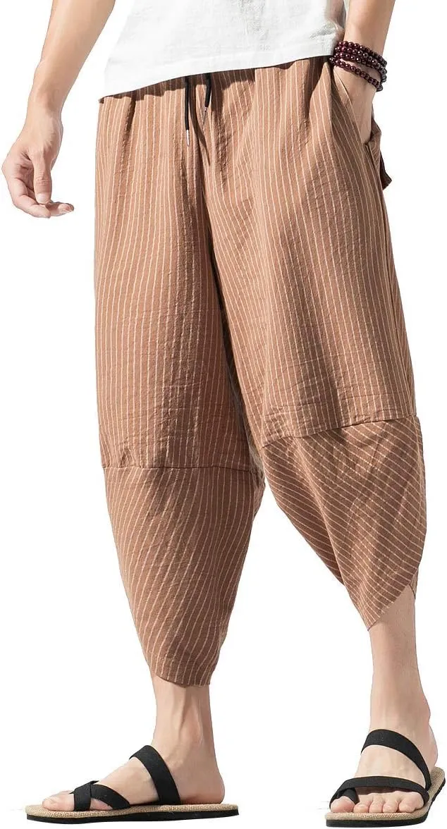 PRIJOUHE Men's Harem Capri Pants, Wide Leg Mens Capris, Summer Linen Pants