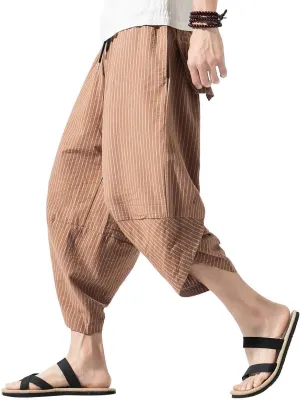 PRIJOUHE Men's Harem Capri Pants, Wide Leg Mens Capris, Summer Linen Pants
