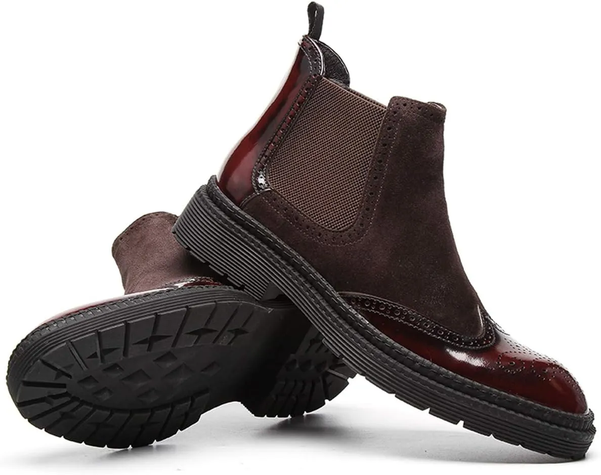 Santimon Mens Causal Chelsea Boots Suede Patent Leather Brogue Ankle Dress Boots for Men Black Red