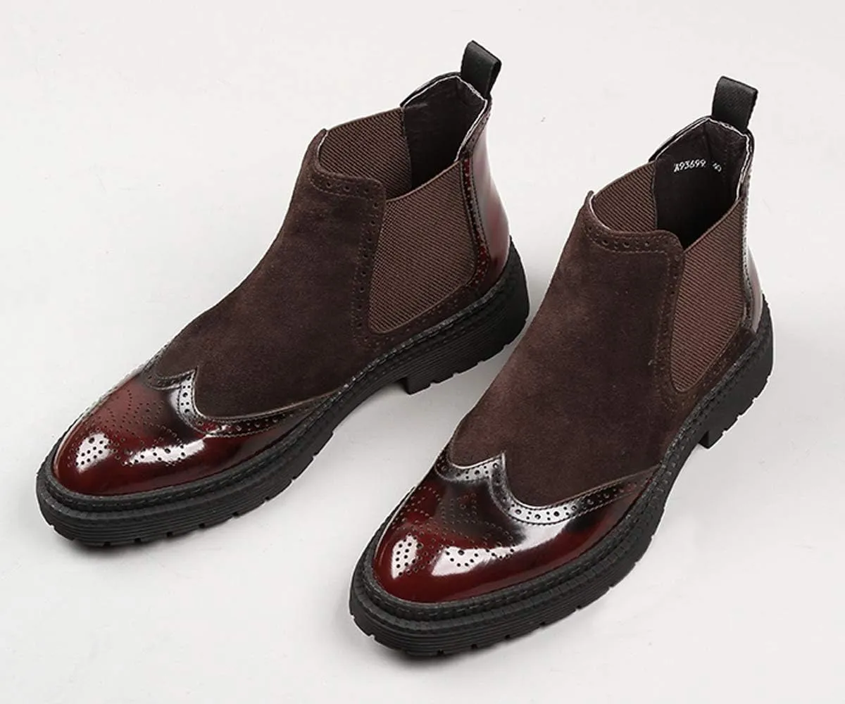 Santimon Mens Causal Chelsea Boots Suede Patent Leather Brogue Ankle Dress Boots for Men Black Red
