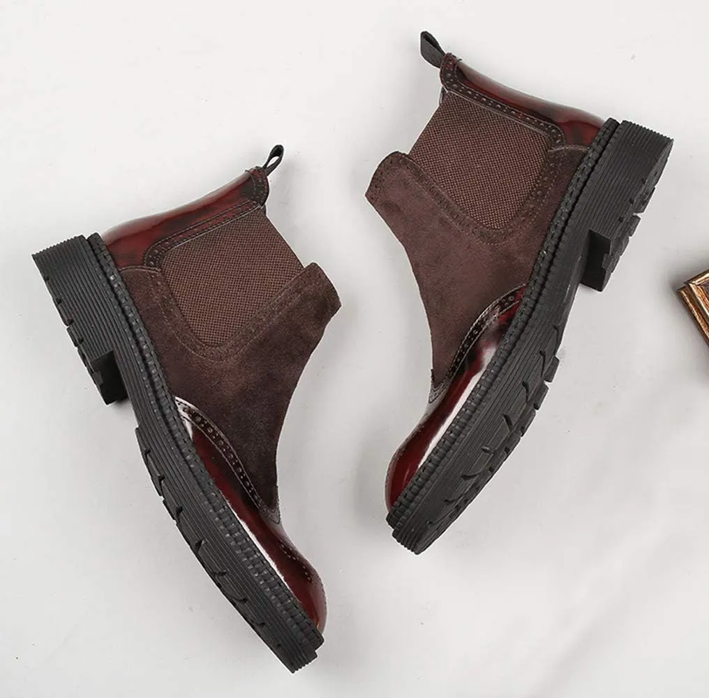 Santimon Mens Causal Chelsea Boots Suede Patent Leather Brogue Ankle Dress Boots for Men Black Red