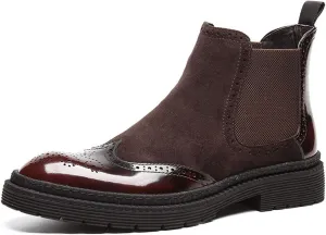 Santimon Mens Causal Chelsea Boots Suede Patent Leather Brogue Ankle Dress Boots for Men Black Red