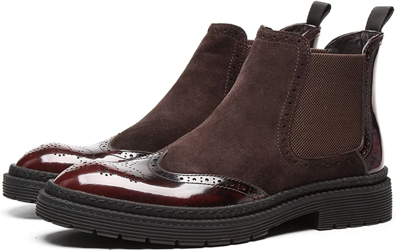 Santimon Mens Causal Chelsea Boots Suede Patent Leather Brogue Ankle Dress Boots for Men Black Red